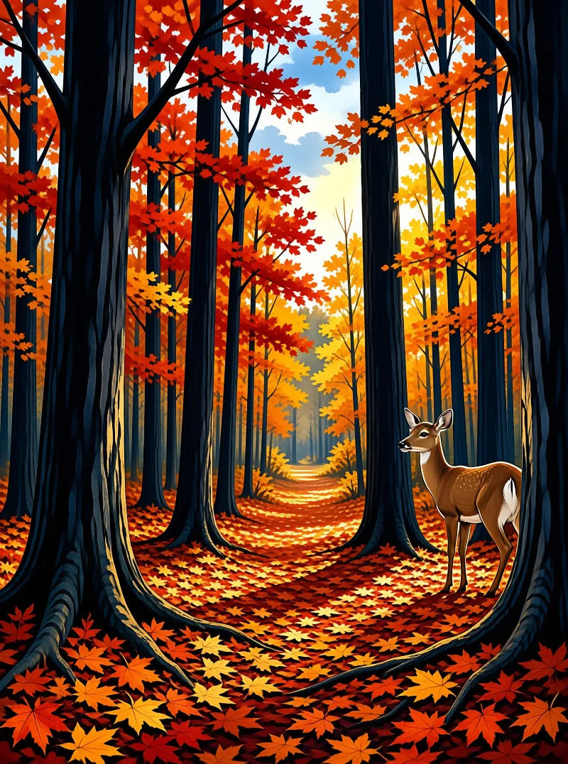 A white-tailed deer stands in a sunlit autumn forest with vibrant red and orange foliage and a winding leaf-covered path.
