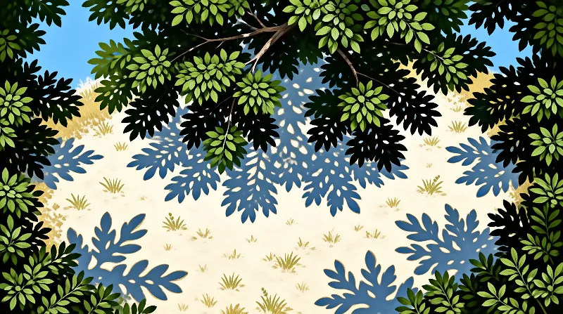 Lush green tree foliage frames the top while casting distinct blue leaf shadows onto beige ground scattered with grass.