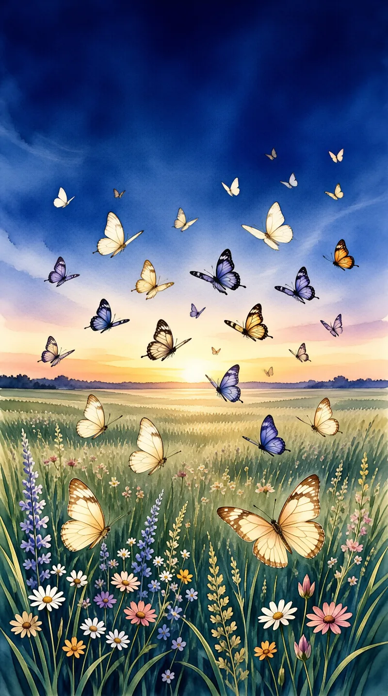 Numerous butterflies soar through a gradient blue sky above a sunlit meadow filled with wildflowers.