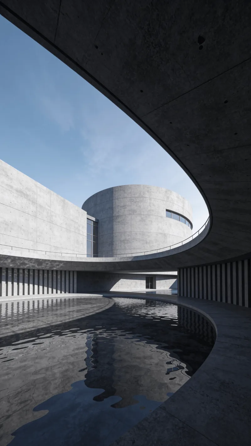 Museum with Curved Concrete — Reflecting Pool