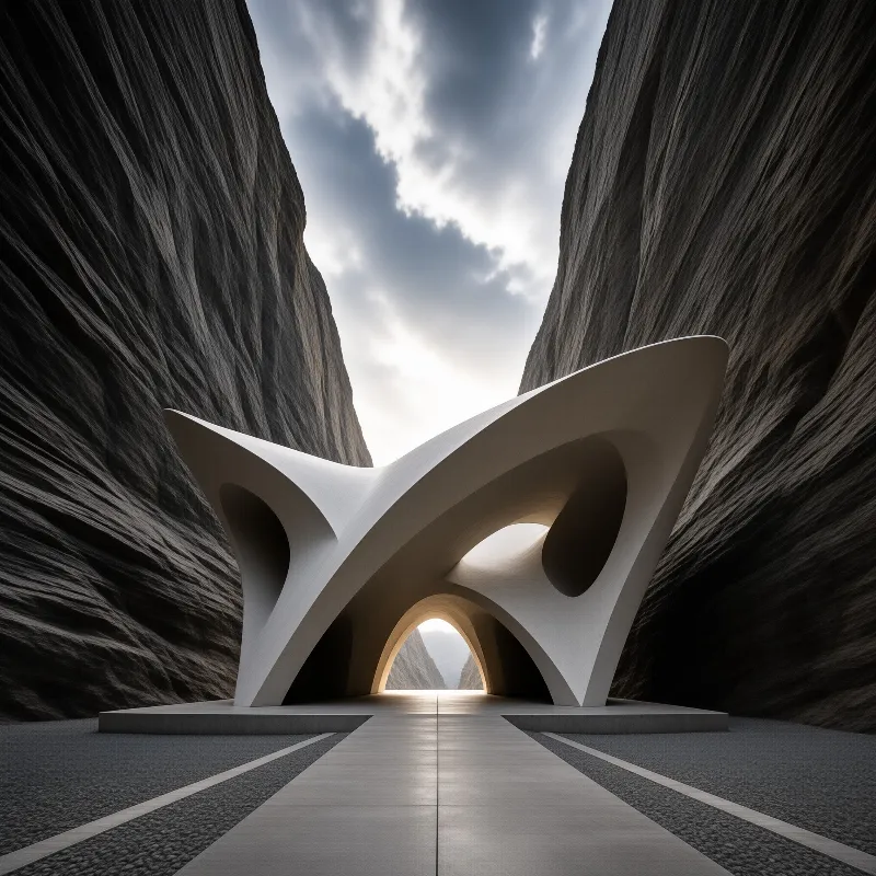 A smooth white arched structure with hollow openings stands on a stone walkway framed by sheer rock walls.