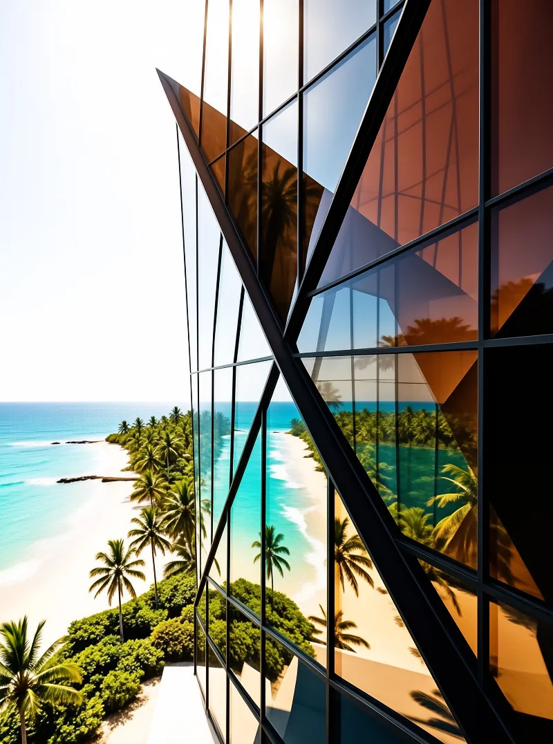 Glass building beside a tropical beach reflects sky and palms while overlooking white sand and turquoise ocean.