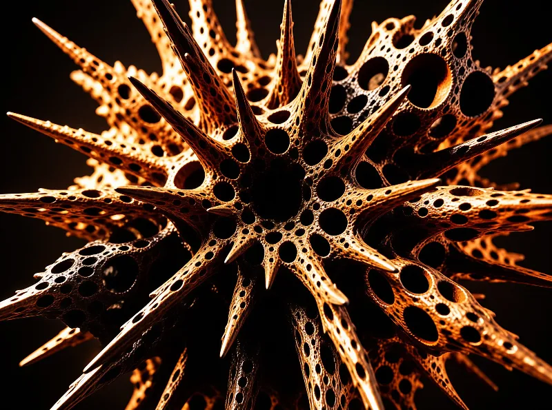 Close up of a metallic orange dandelion shape with sharp spikes and porous details glowing against a black background