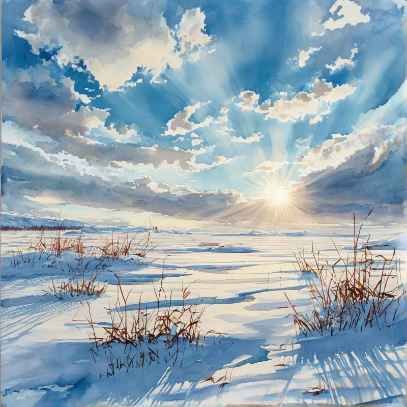 A watercolor painting of a snow-covered plain with brown grasses, blue sky with breaking clouds, and sun rays streaming from the right horizon