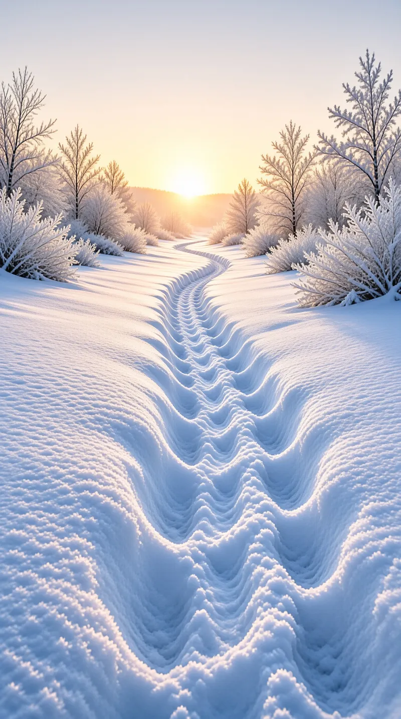 A rippled trail of wind carved snow leads toward a bright low sun framed by leafless trees coated in white frost.
