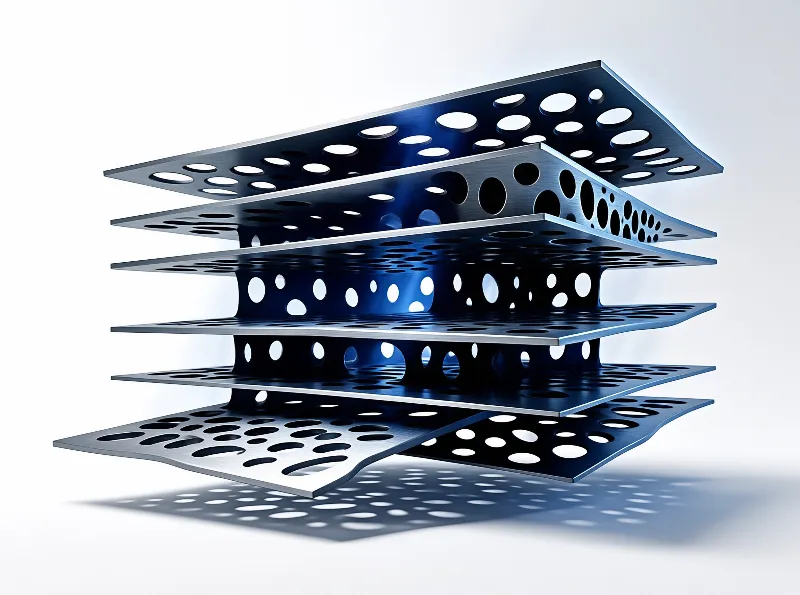 Multiple layers of perforated metal sheets float suspended in a bright white environment casting distinct shadows.