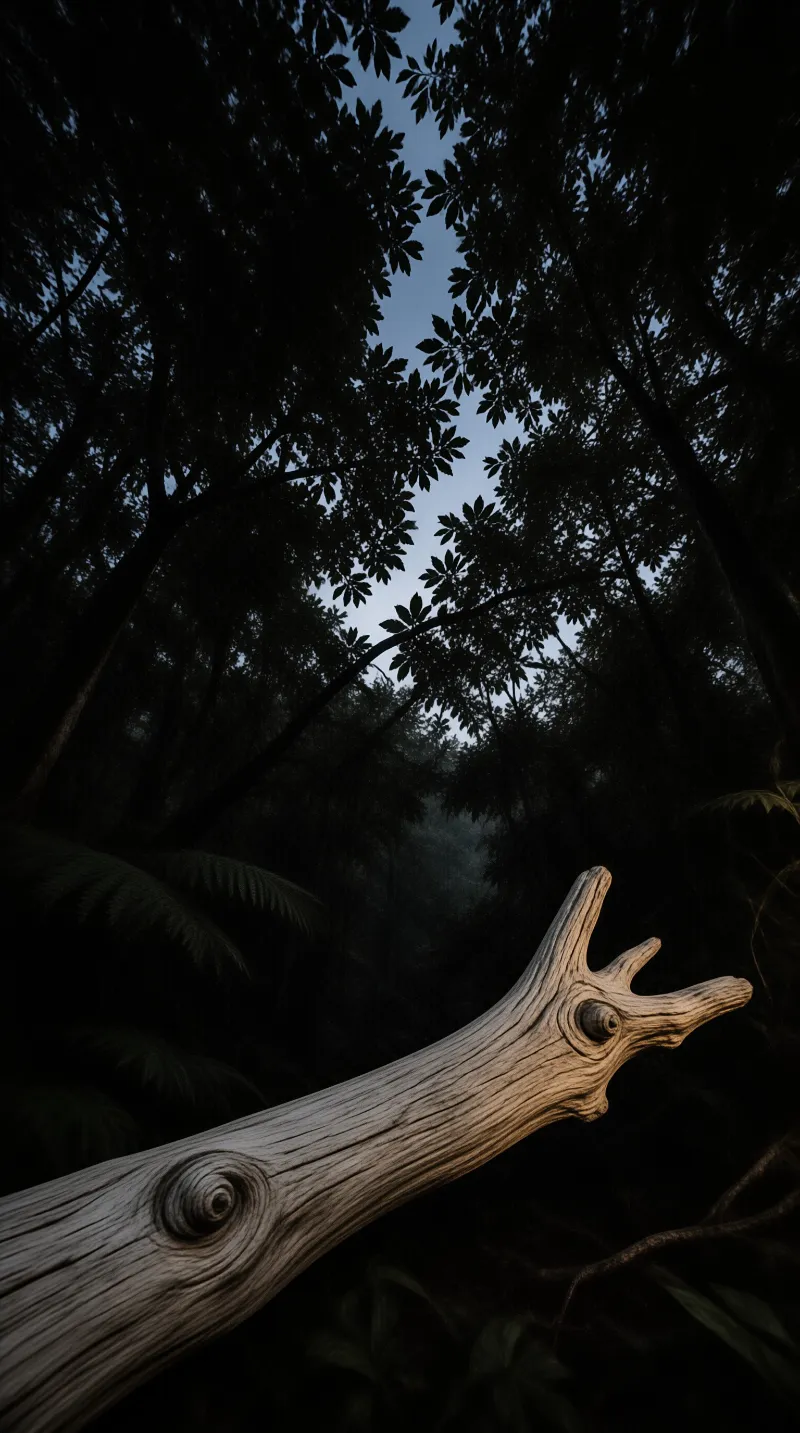 A pale sun-bleached log reaches up through shadowed ferns under a deep blue evening sky.