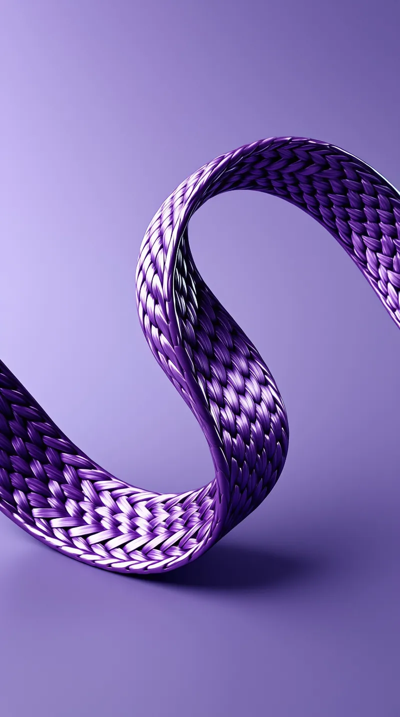 A braided purple cord twists into an S shape against a smooth lavender background with soft lighting.