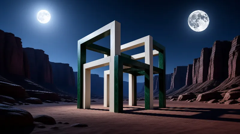 Geometric Sculpture Under Double Moons