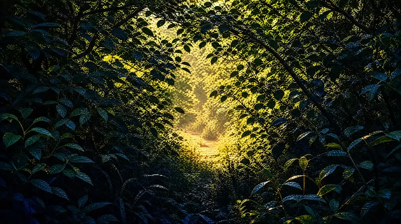 A dense forest path framed by lush green foliage with warm sunlight filtering through the trees, creating a glowing pathway in the distance