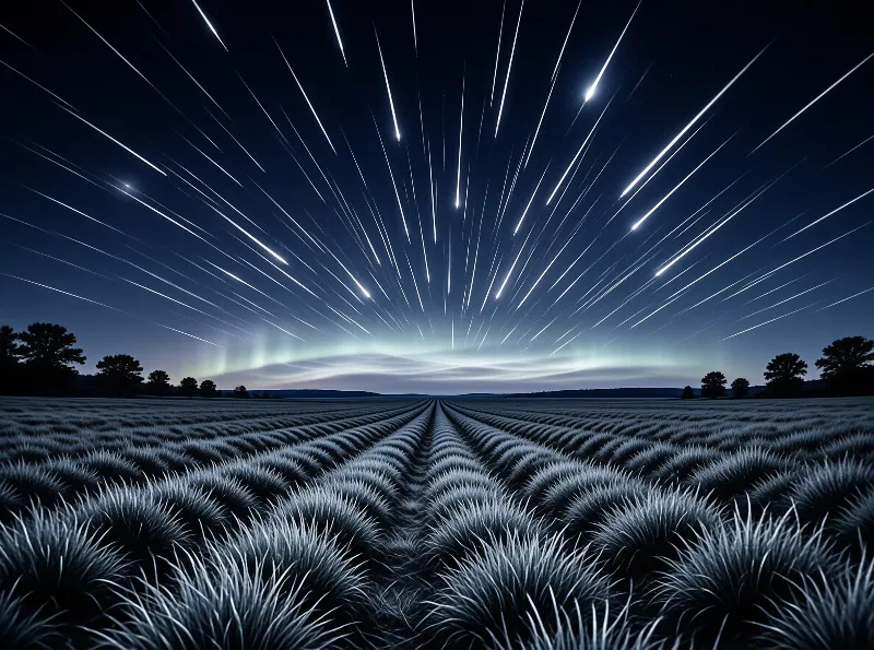 Frosted grass rows lead toward a horizon glowing with green light beneath radiating star trails in a deep blue sky.