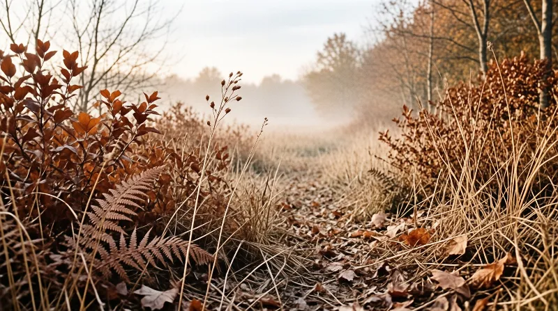 Dried brown ferns and grasses flank a misty path through autumn woodland with soft fog and muted earth tones.