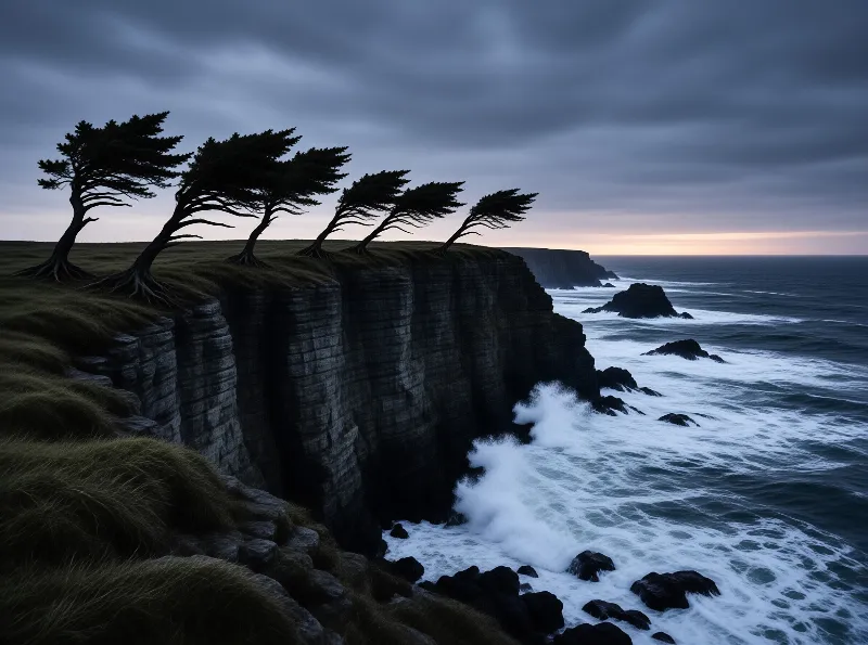 Silhouetted trees lean in the salt wind along a grassy clifftop as white waves crash against dark rocks below.