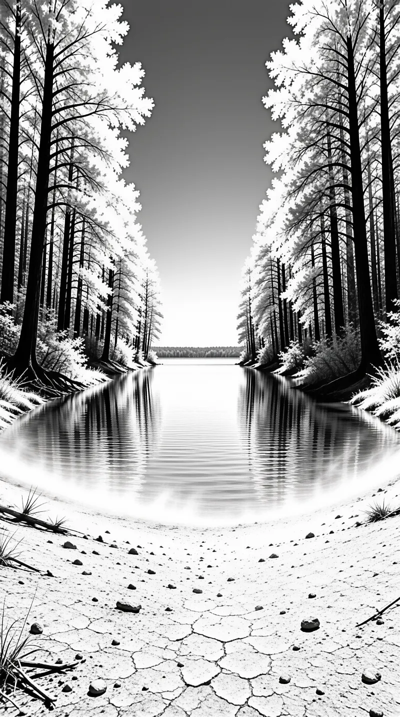 Tall trees line the banks of a quiet river creating a symmetrical reflection in the black and white image.
