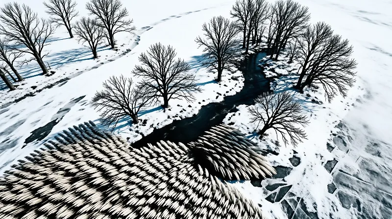 Snowy landscape features a dark winding stream bordered by bare trees and a textured layered structure in the foreground.