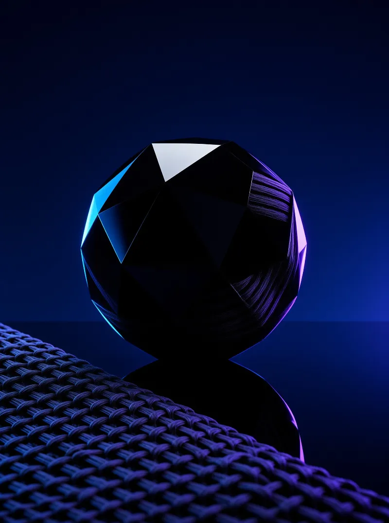 A faceted orb rests on a woven surface, lit by cyan and magenta lights against a deep blue background.