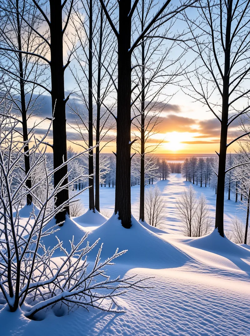 Tall dark trees stand in deep drifts of white snow as a bright sun rises over the distant horizon casting warm light on the frozen forest floor.