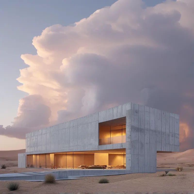 A minimalist concrete building stands in a sandy landscape while large pink clouds fill the sky above its glowing windows.