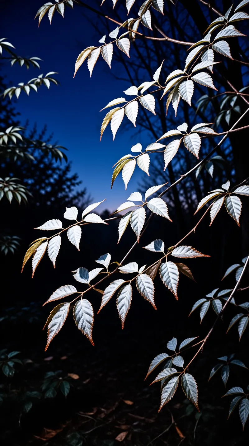 Bright leaves on branches extend right against a dark background. Foliage catches light appearing white while sky is blue.
