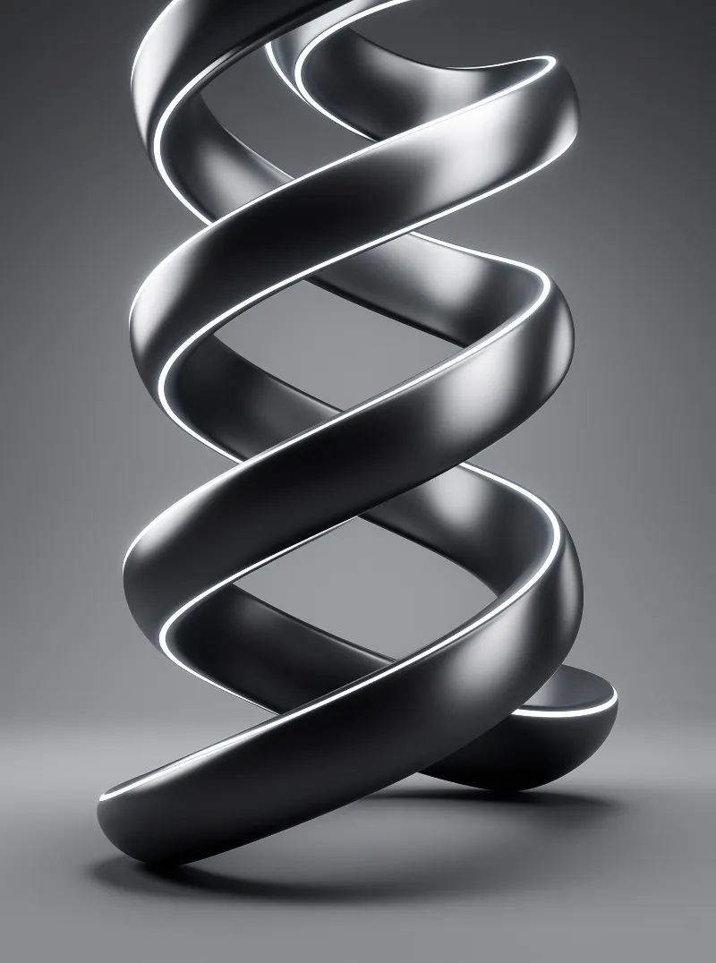 A continuous silver ribbon twists into a helix against a gradient gray background featuring sharp white highlights.