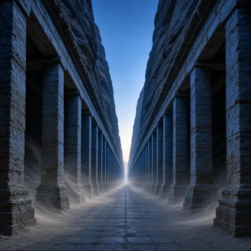 Stone colonnade with tall pillars flanking a pathway that vanishes into the distance, enwrapped in mist between mountain cliffs under blue hour light.