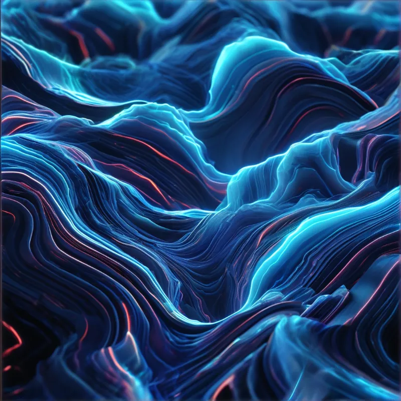 Glossy dark ridges undulate like dunes, lit with electric blue crests and thin copper-red veins in a fluid abstract render.