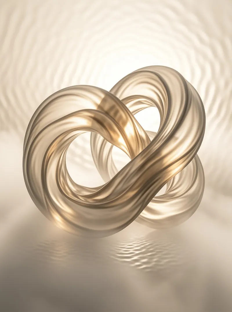 A twisted gold ribbon sculpture floats centrally against a background of soft beige waves rippling outward from a bright central light source, creating a smooth fluid composition with gentle shadows and highlights emphasizing the metallic texture of the form.