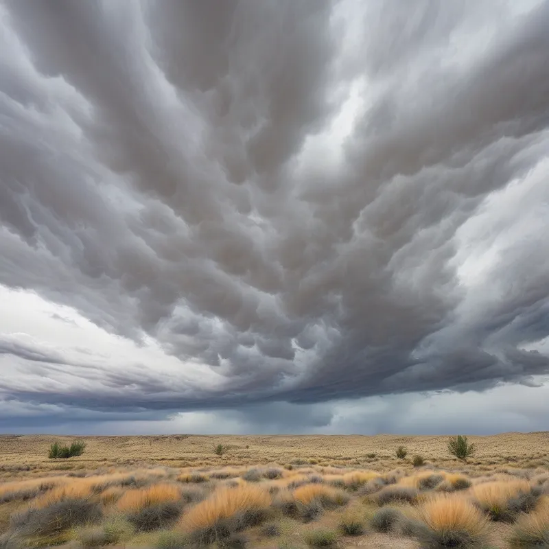 A massive textured storm cloud fans out above a flat scrubland dotted with dry bushes and golden grass.
