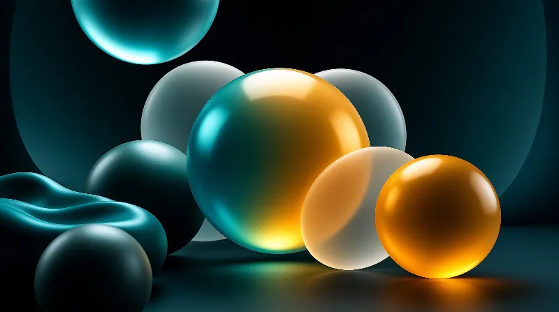Rounded glossy orbs in deep teal and glowing amber cluster against a dark reflective surface.