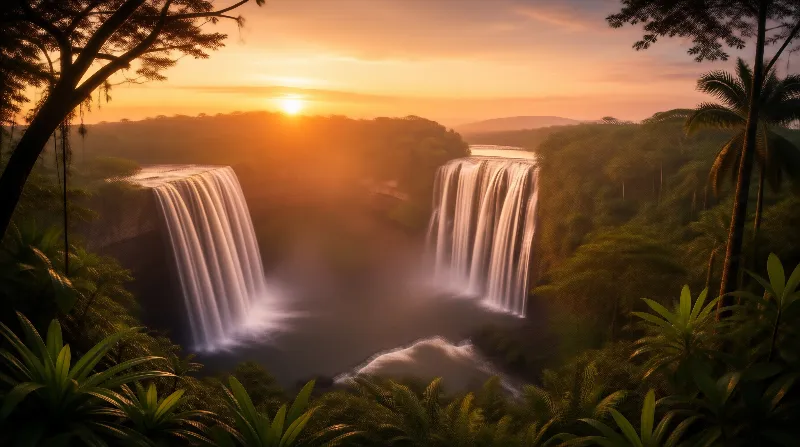 Sunset Twin Jungle Waterfalls