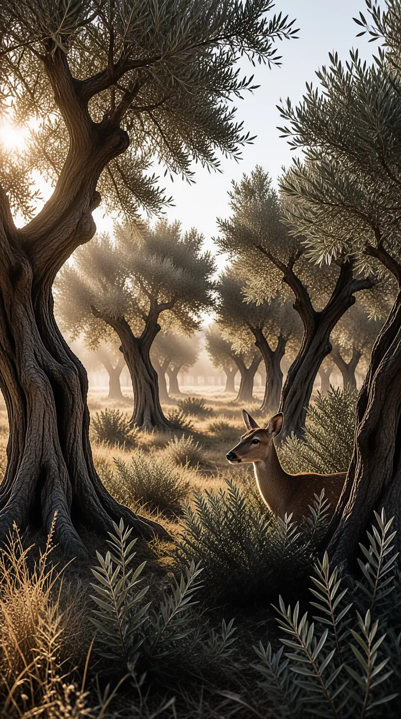 A brown deer stands alert among twisted olive trees while warm morning sunlight filters through the leaves.