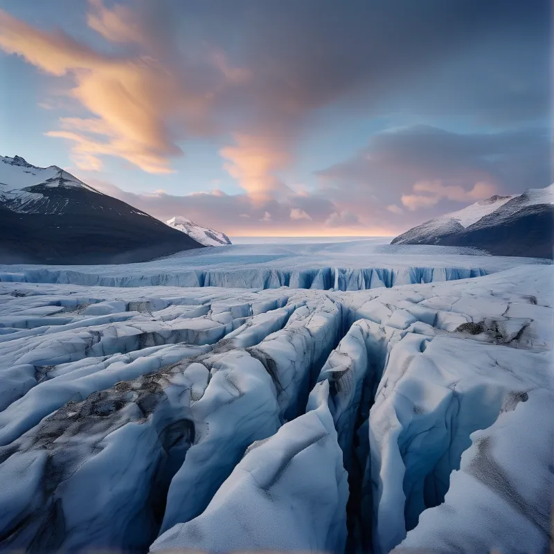 Blue glacial ice forms deep crevasses stretching toward dark mountains beneath a sky of soft pink and orange clouds.