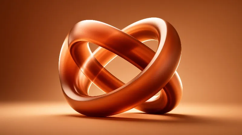 A glossy twisted metallic sculpture in warm bronze tones sits centrally against a smooth monochromatic orange backdrop.