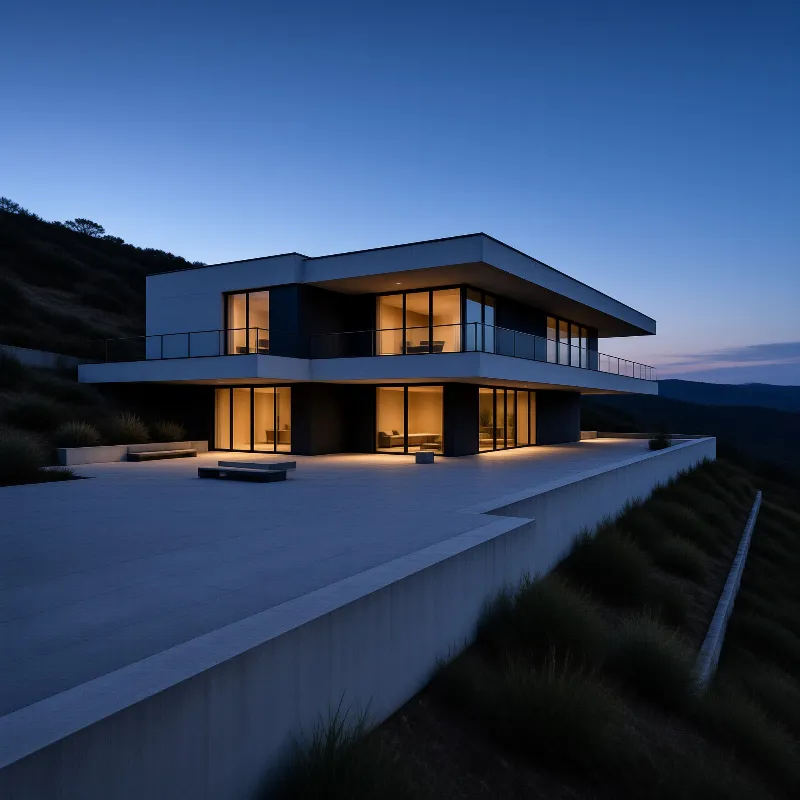 A modern rectangular building features large glass windows emitting warm light against a deep blue twilight sky on a hill.