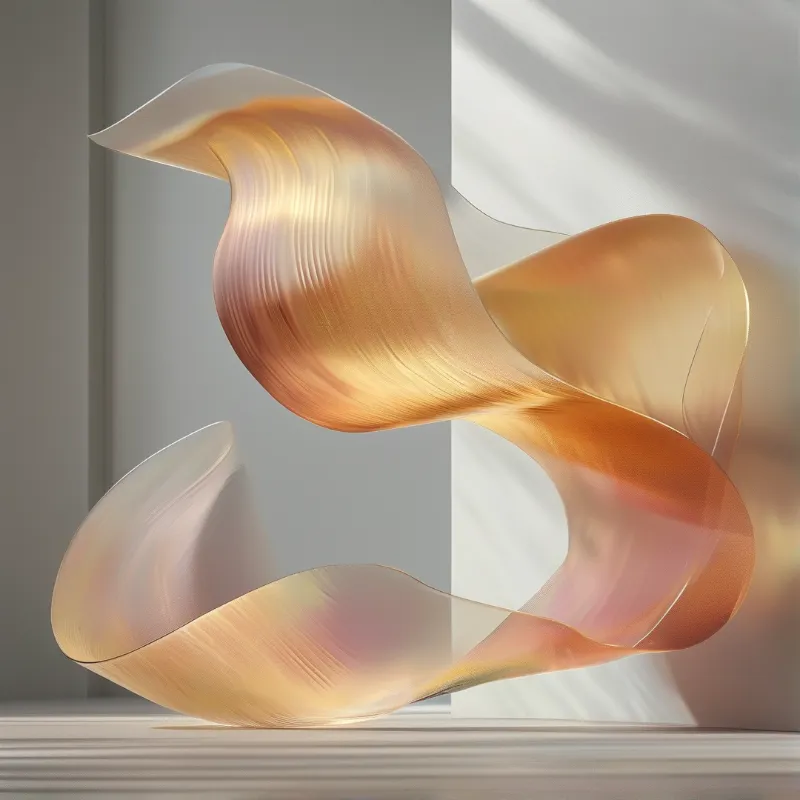 A translucent amber and pink ribbon sculpture twists through a minimal room with diagonal sunlight shadows