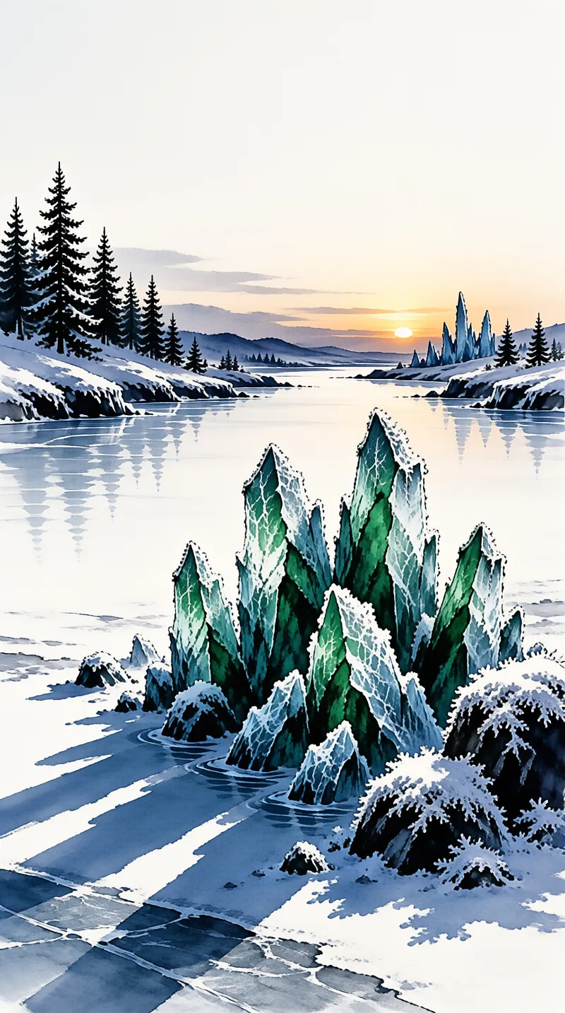 Jade coloured shards cluster on an iced shoreline while snow laden pines frame a pale winter sunset