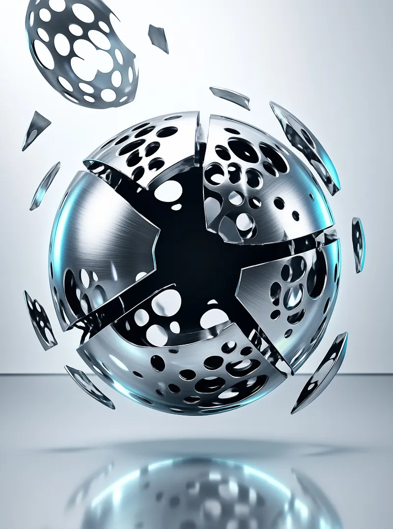 A perforated metal ball bursts apart, sending curved shards and pale fragments floating above a glossy white floor.