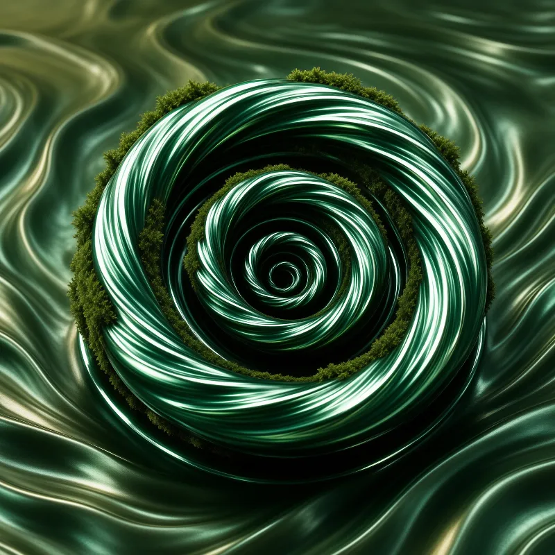 A shiny green metallic spiral winds through a dark opening surrounded by mossy textures on a wavy surface.