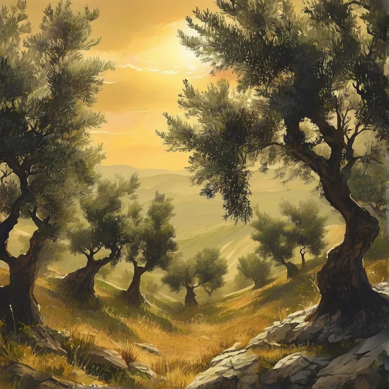 Twisted mature olive trees frame a sun-drenched rolling hill landscape bathed in soft warm golden sunset light.