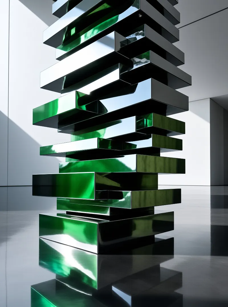 Glossy green blocks spiral vertically in a minimalist white room with reflective flooring and sharp shadows.