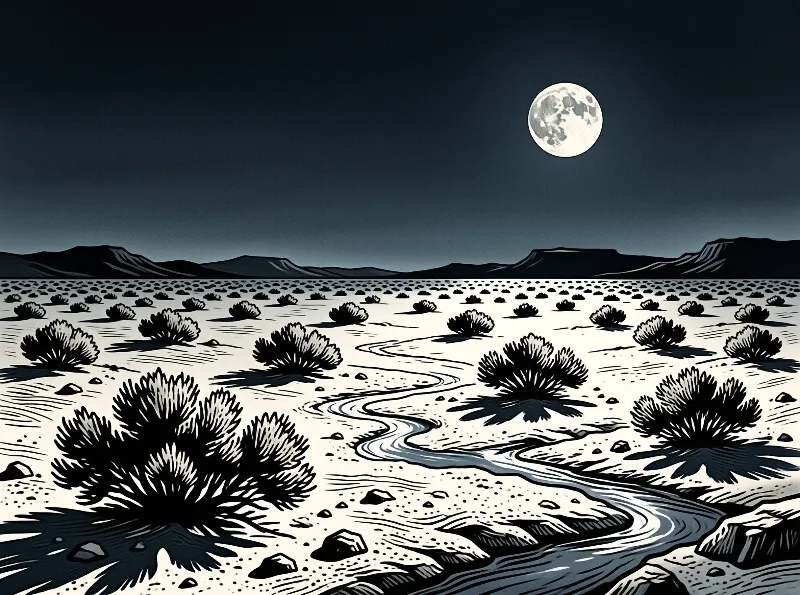 A monochrome desert landscape at night shows scattered shrubs, a winding stream, dark mountains and a bright full moon.