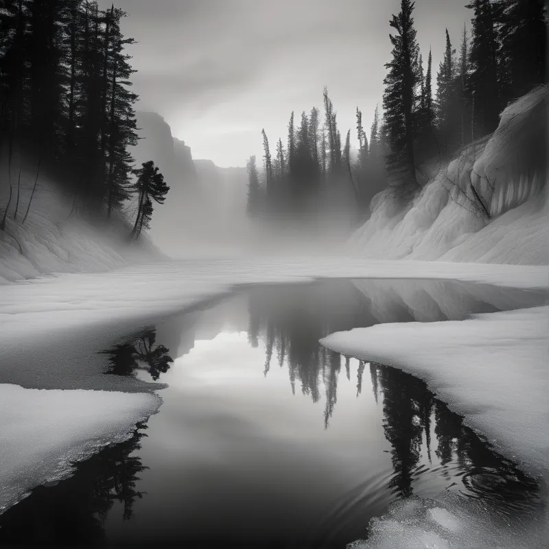 Partially frozen river winds through fog shrouded conifer forest with clear tree reflections in the open unfrozen channel