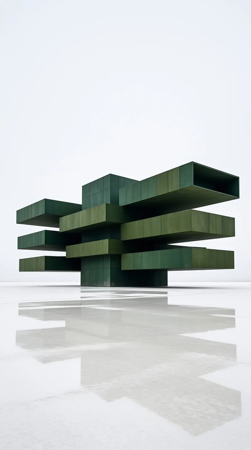Rectangular tubes in moss and olive green are balanced at right angles above a bright reflective studio floor.