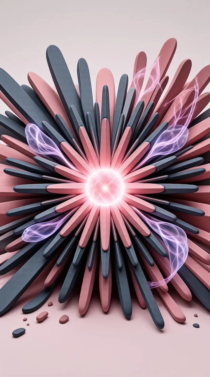 Layered pink and blue spikes radiate from a bright white core surrounded by ethereal purple smoke.
