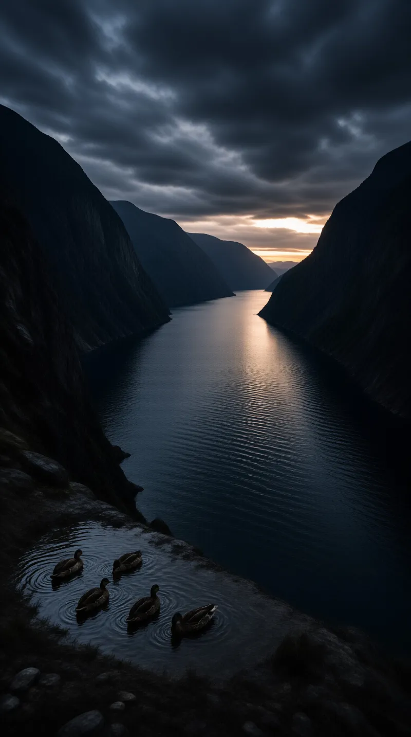 Five ducks swim in a foreground pool while a long river reflects the orange glow of a setting sun between high cliffs.