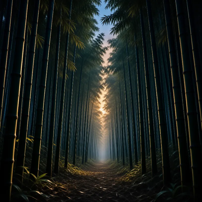 Tall dark bamboo stalks line a misty path where golden sunlight streams through the forest canopy in the distance