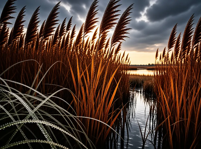 A close up view of wet grass blades stands before a narrow stream leading to a bright horizon under dark clouds.