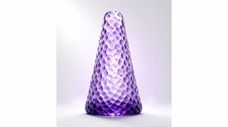 A purple conical sculpture with a honeycomb texture stands centered on a white surface under bright lighting.