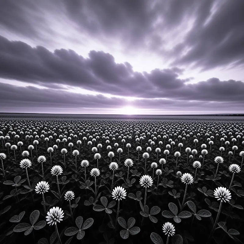 A vast meadow of white pom-pom clover blooms stretches to a glowing horizon under radiating purple-grey clouds.