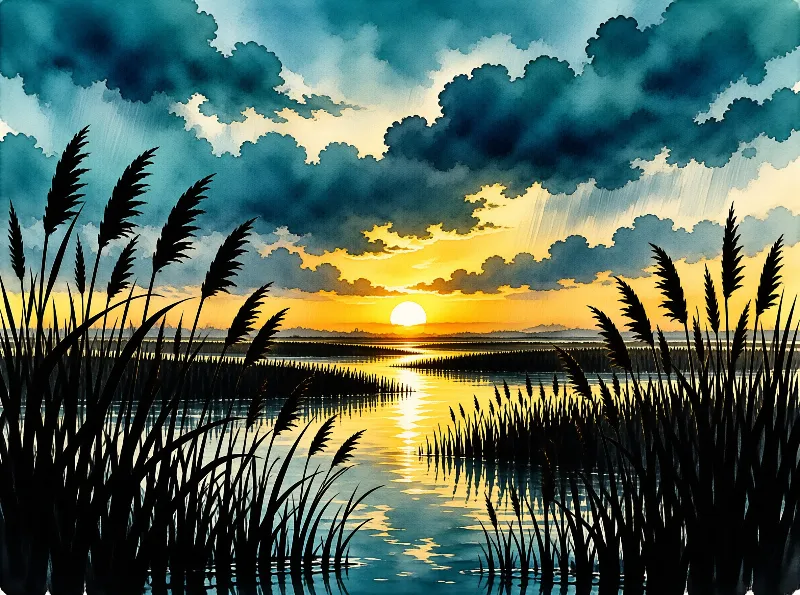 Dark reeds frame a calm wetland where a bright sun casts golden light across the water beneath heavy clouds.